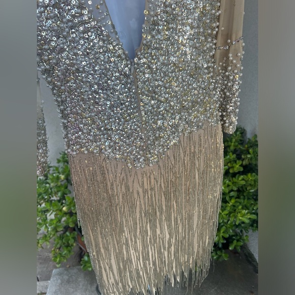 Vintage elegant cocktail dress beige sheer beads pearls sequins Peak Evenings XS - Picture 11 of 13